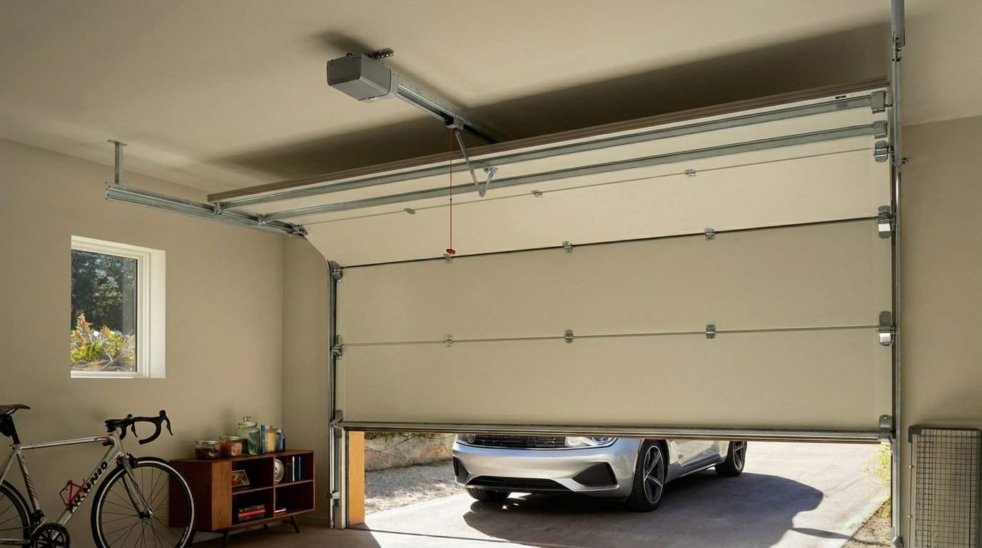Garage mit Torantrieb an der Decke und halb geöffnetem Sektionaltor
